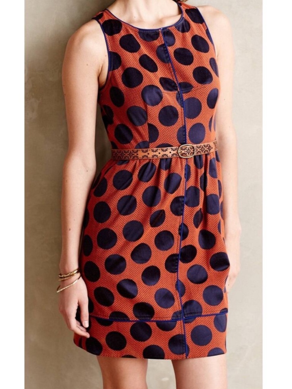 Maeve Anthropologie Rokin Dress Sleeveless‎ Crossback Polka Dot Blue Orange 4